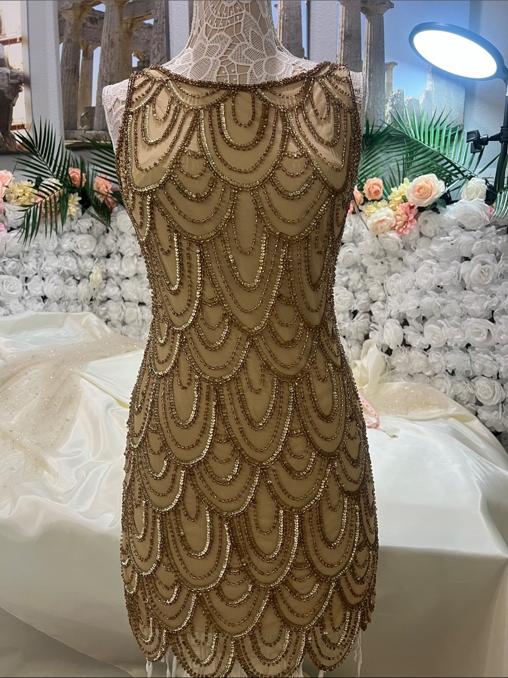 Pisarro Nights Gold Beaded Scallop-Pattern Mini Dress